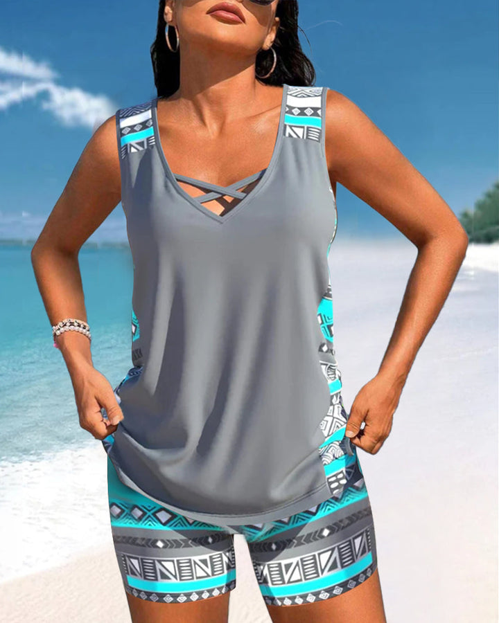 Tankinis con estampado geométrico y escote en V