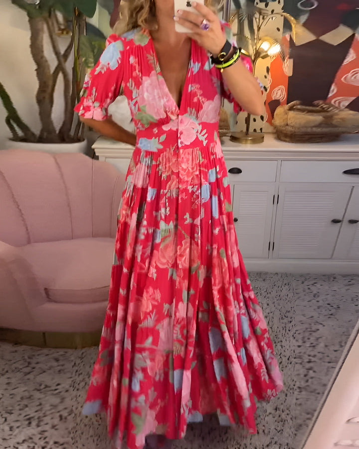Carine | Vestido con bolsillos, cuello en V y estampado floral