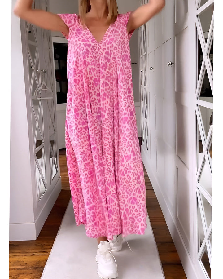Véronique | Vestido largo con escote en V estampado y mangas cortas