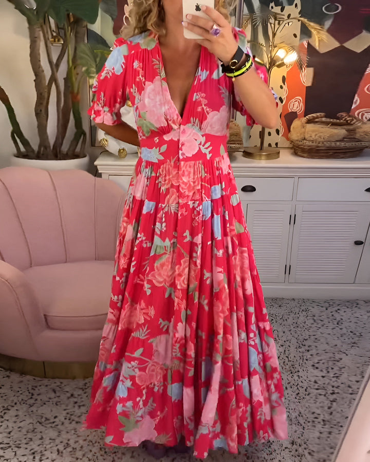 Carine | Vestido con bolsillos, cuello en V y estampado floral
