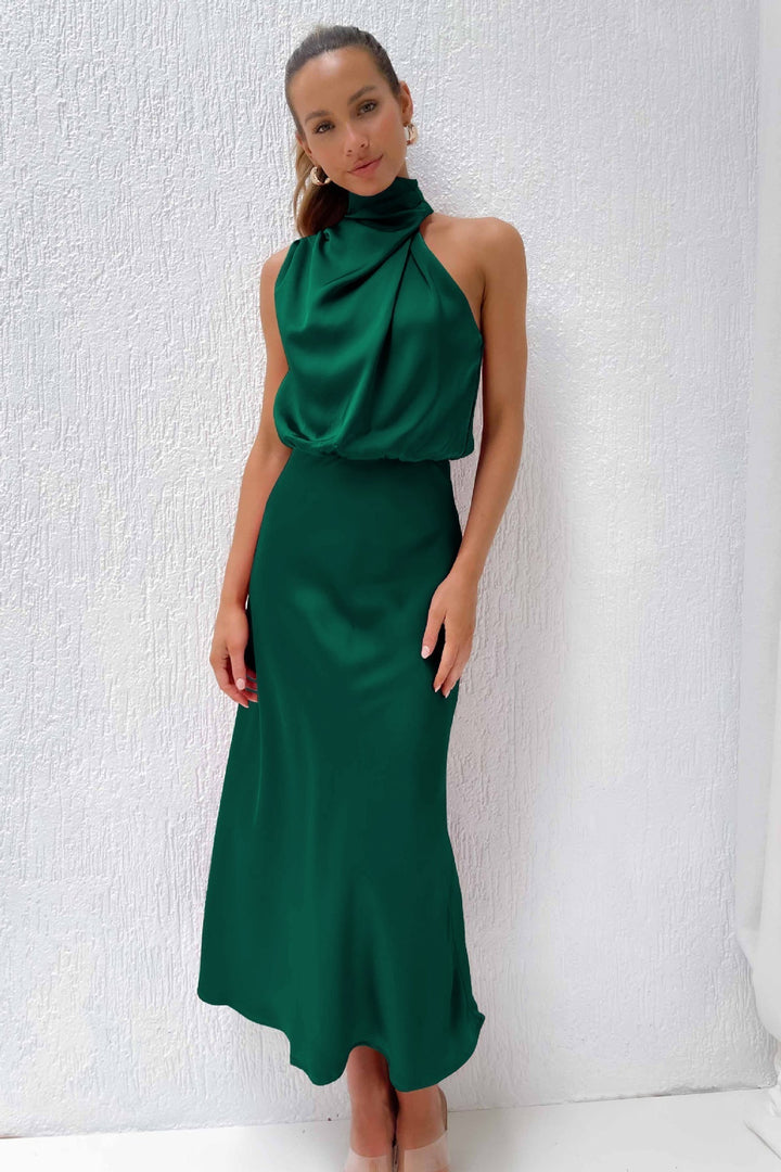Carlina | Vestido largo de satén con escote halter