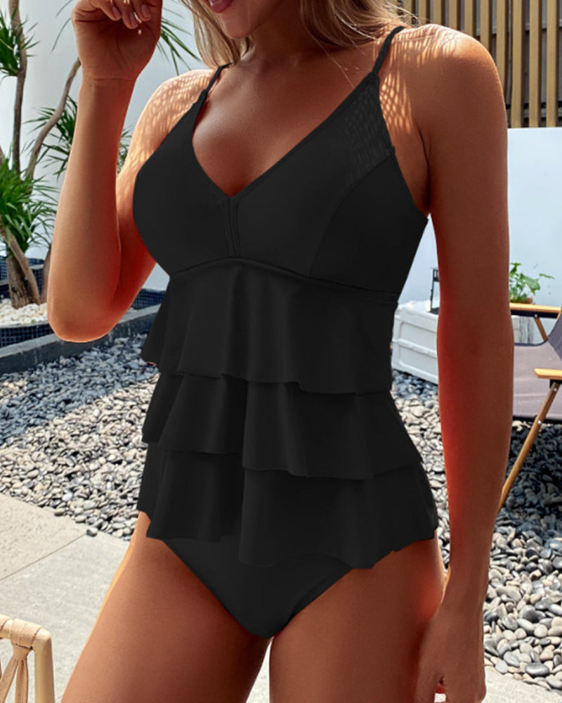 Tankini con volantes de color uniforme