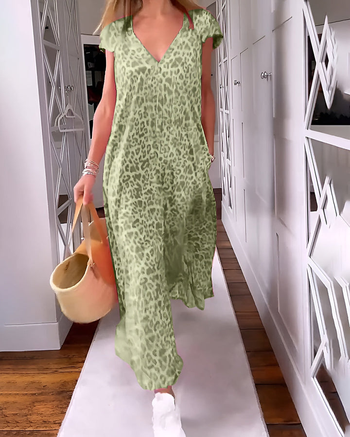 Véronique | Vestido largo con escote en V estampado y mangas cortas