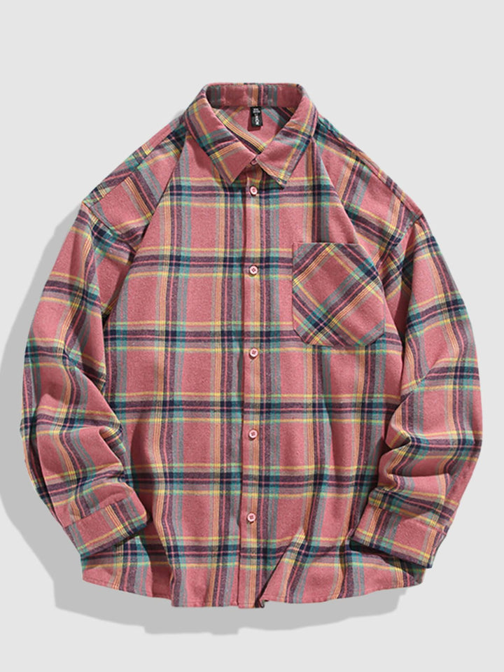 Camisa de manga larga casual de cuadros con bolsillo y botones para hombre
