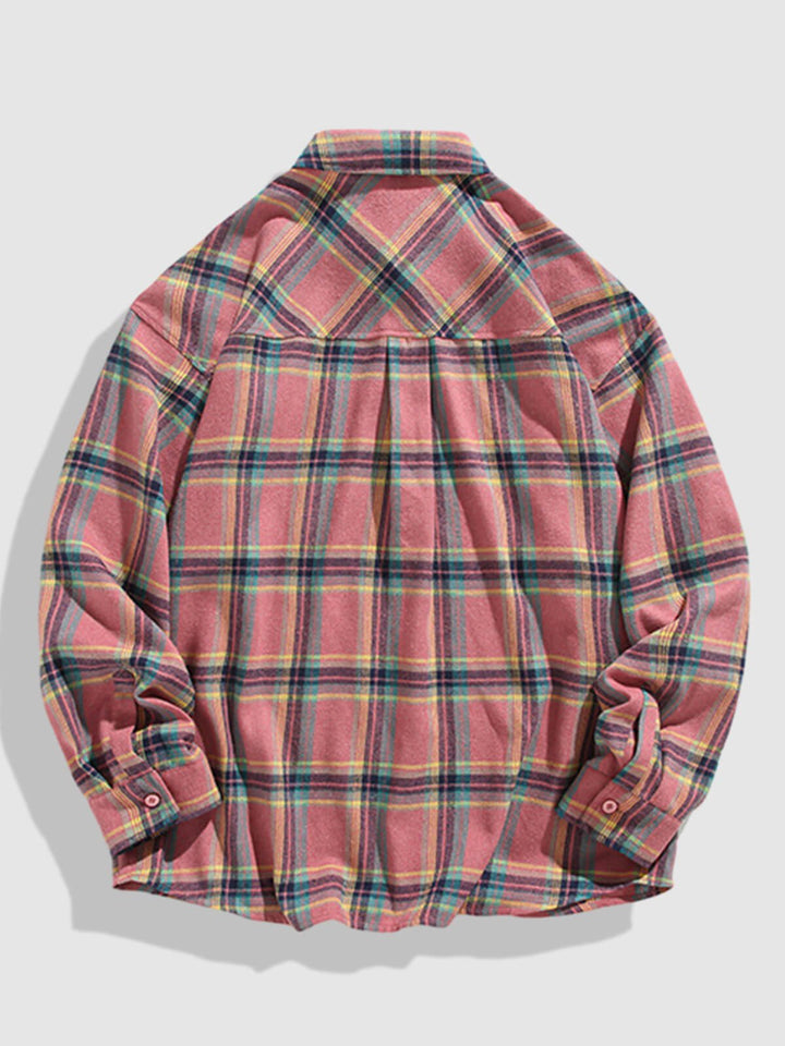 Camisa de manga larga casual de cuadros con bolsillo y botones para hombre