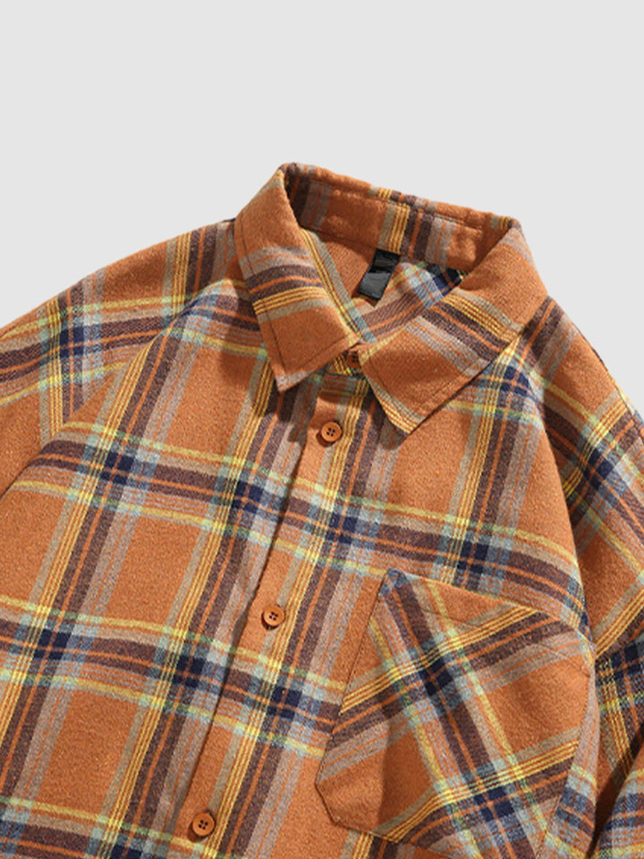 Camisa de manga larga casual de cuadros con bolsillo y botones para hombre