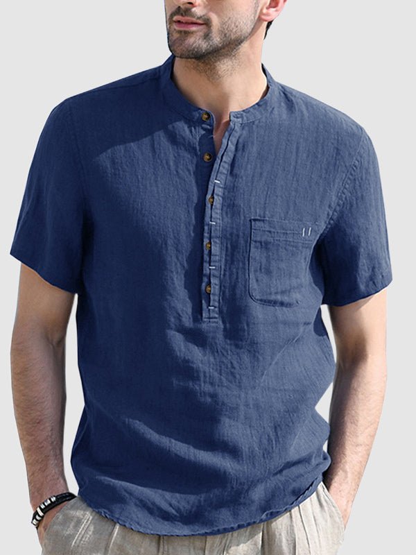 Camisa de manga corta para hombre de color sólido con cuello Henley de algodón y lino