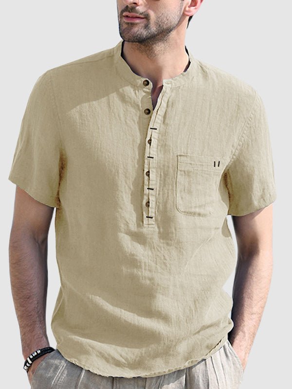 Camisa de manga corta para hombre de color sólido con cuello Henley de algodón y lino