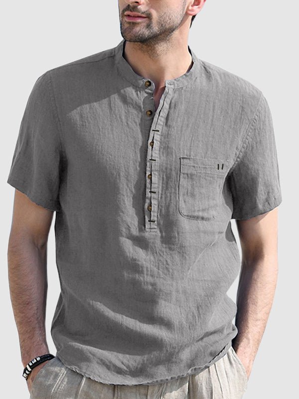 Camisa de manga corta para hombre de color sólido con cuello Henley de algodón y lino