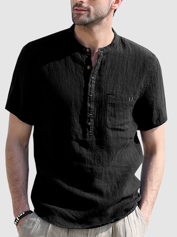 Camisa de manga corta para hombre de color sólido con cuello Henley de algodón y lino