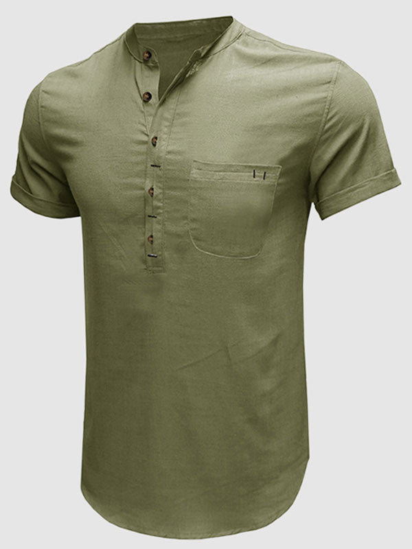 Camisa de manga corta para hombre de color sólido con cuello Henley de algodón y lino