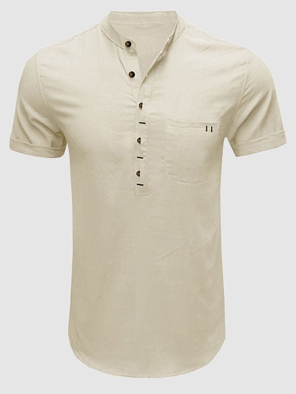 Camisa de manga corta para hombre de color sólido con cuello Henley de algodón y lino