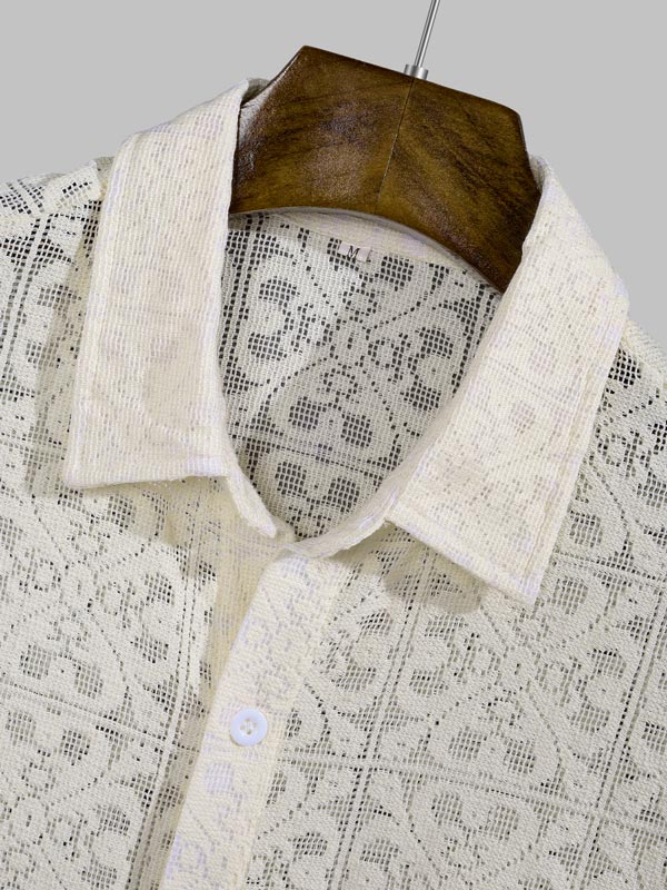 Camisa de manga corta sexy con botones huecos y solapa para hombre