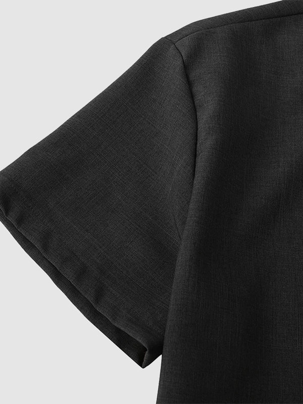 Camisa casual de manga corta para hombre de color sólido de algodón y lino