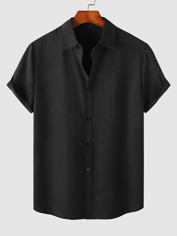 Camisa casual de manga corta para hombre de color sólido de algodón y lino